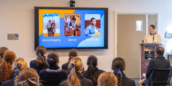 Amelia Savage, JRS Australia's Head of Policy, Advocacy and Communications, speaking for a Sisters of the Good Samaritan Refugee Week event at St Scholastica's College in Glebe on 17 June 2025. Credit: Sisters of the Good Samaritan